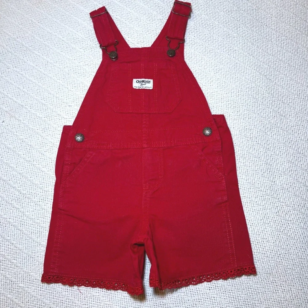 OshKosh B'gosh Girls Red Eyelet Lace Trim Shortalls Overalls 3T